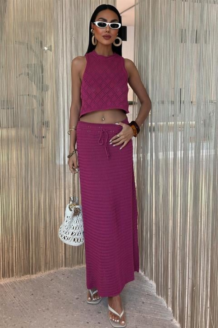 Back Cross Detail Openwork Knitwear Suit - Purple - Brand: Sobe Istanbul - Women & Kids, Baby Clothes Wholesale - TheBS Women