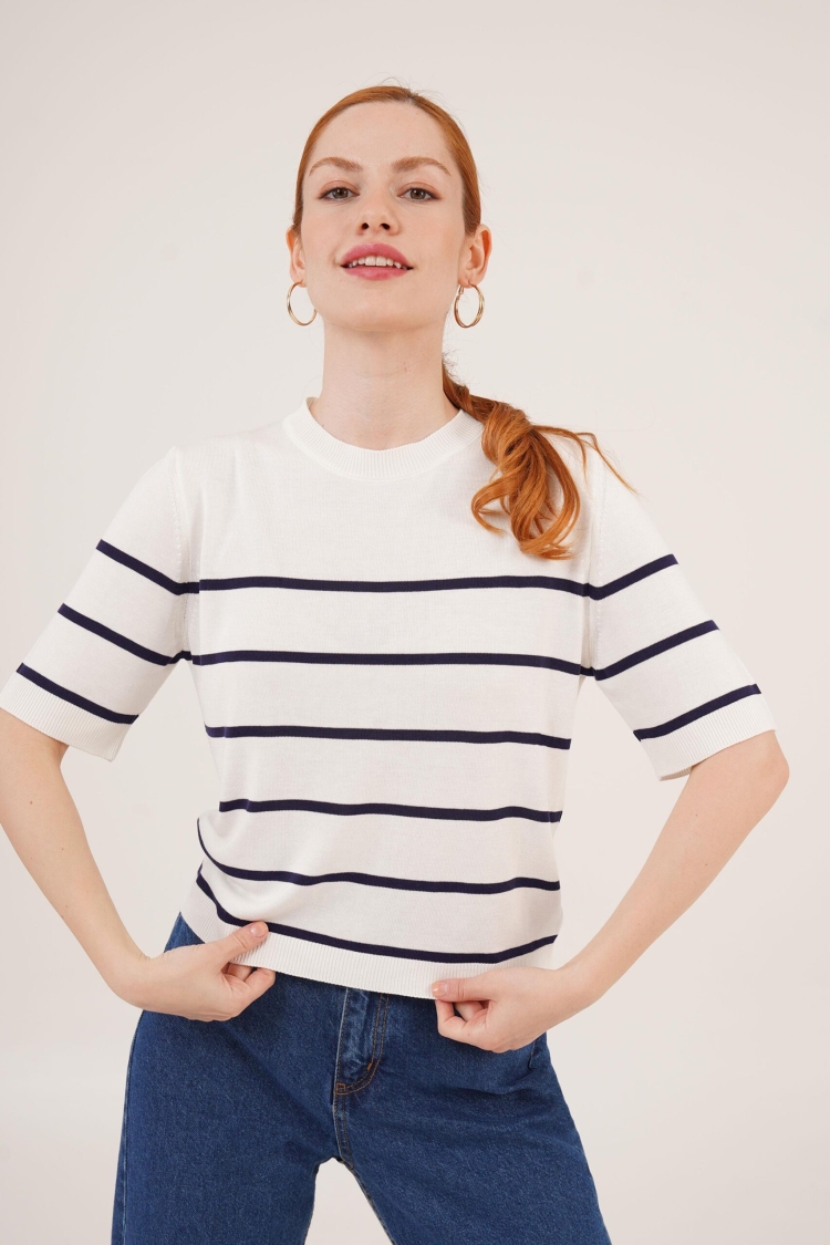 Striped Short SleeveNavy Wholesale Blouse - Brand: Lustrin - Women & Kids, Baby Clothes Wholesale - TheBS Women