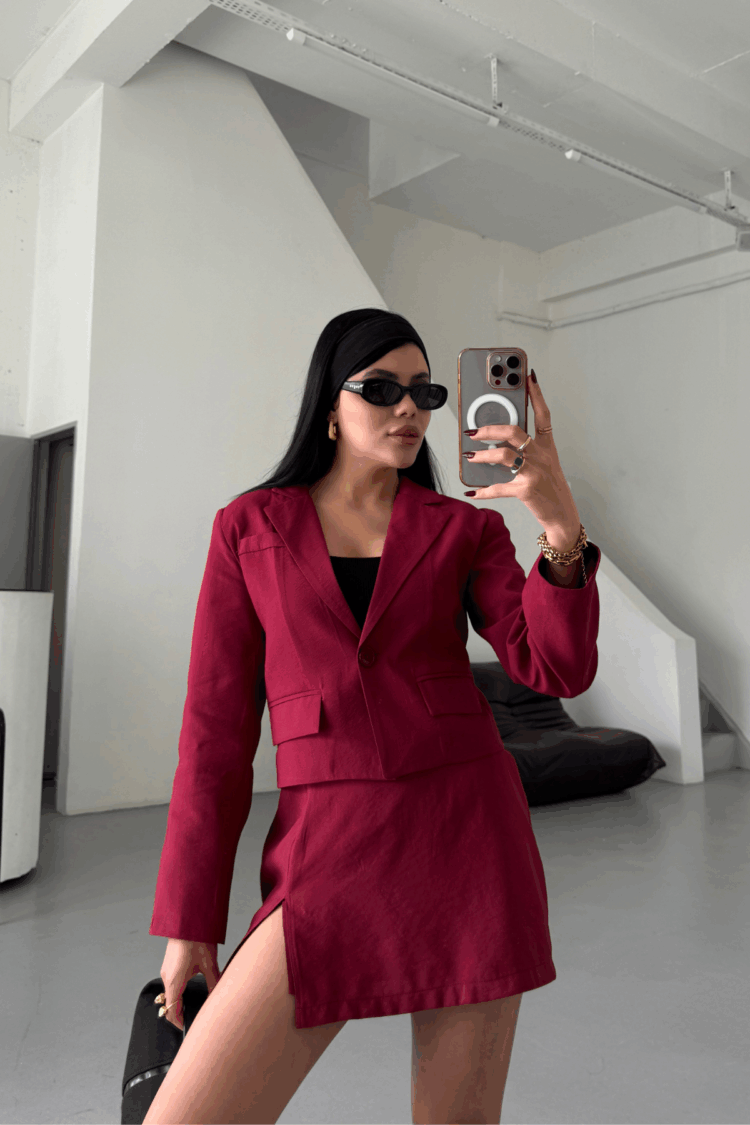Crop Jacket Short Skirt Set - Burgundy - Producer: Ello - Wholesale Women Clothes - TheBS Women
