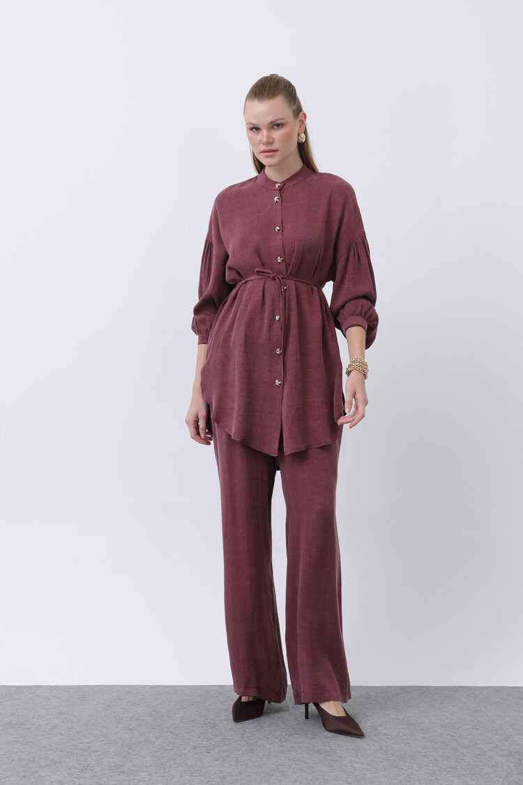 Judge Collar And Button Detailed Trouser Suit - Burgundy - Producer: Puane - Wholesale Women Clothes - TheBS Women