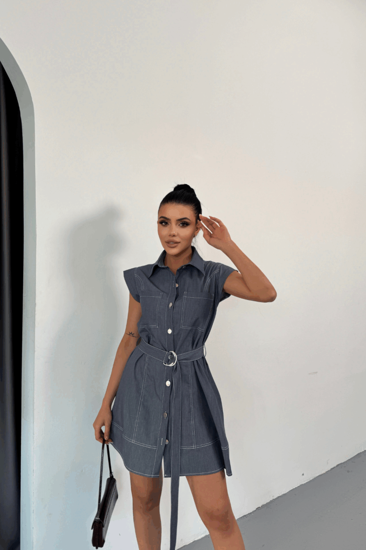 Sleeveless Tencel Fabric Shirt Dress - Blue - Producer: Ello - Wholesale Women Clothes - TheBS Women