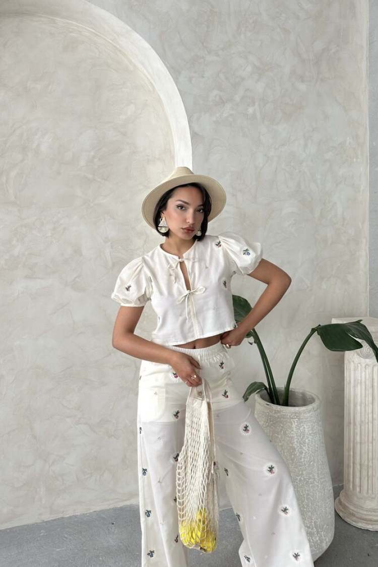 Front Tie Embroidered Blouse - Stone - Producer: Topshow - Wholesale Women Clothes - TheBS Women