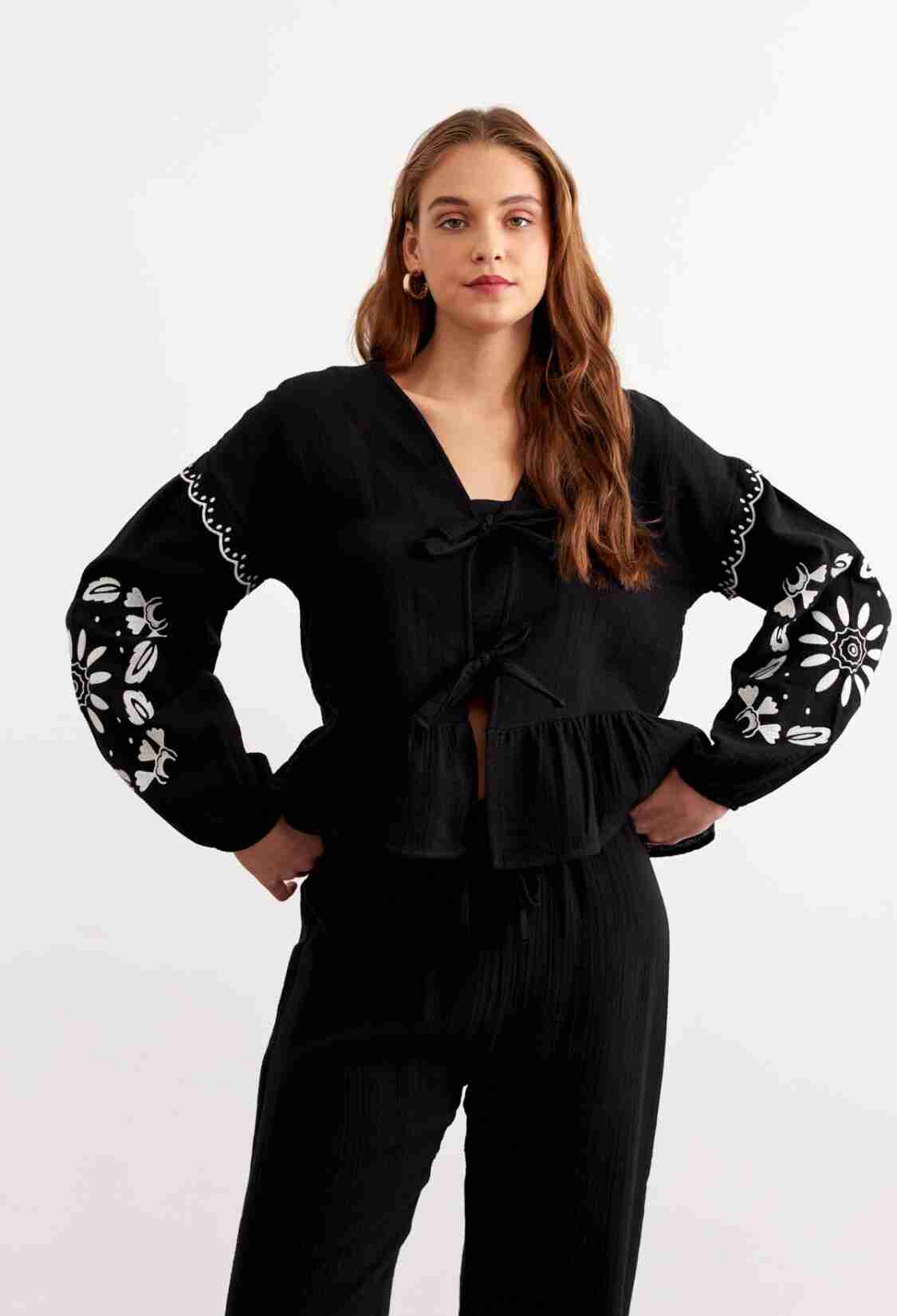 Embroidery Detailed Front Tie Muesli Blouse Black - Brand: Levure - Women & Kids, Baby Clothes Wholesale - TheBS Women
