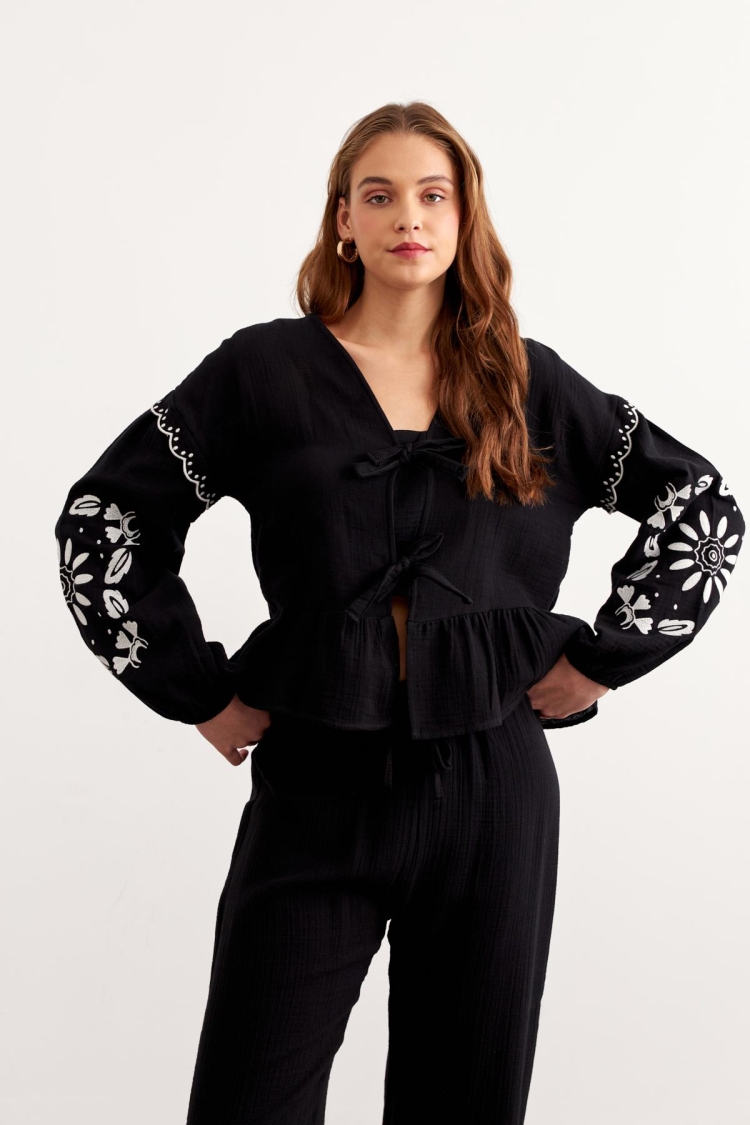 Embroidery Detailed Front Tie Muesli Blouse Black - Brand: Levure - Women & Kids, Baby Clothes Wholesale - TheBS Women