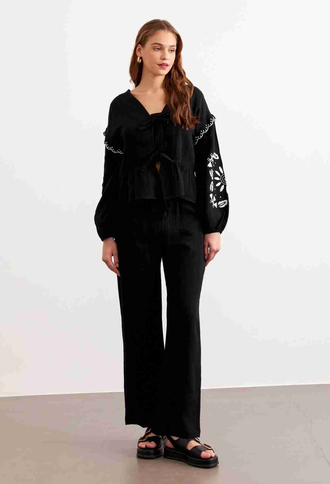 Embroidery Detailed Front Tie Muesli Blouse Black - Brand: Levure - Women & Kids, Baby Clothes Wholesale - TheBS Women