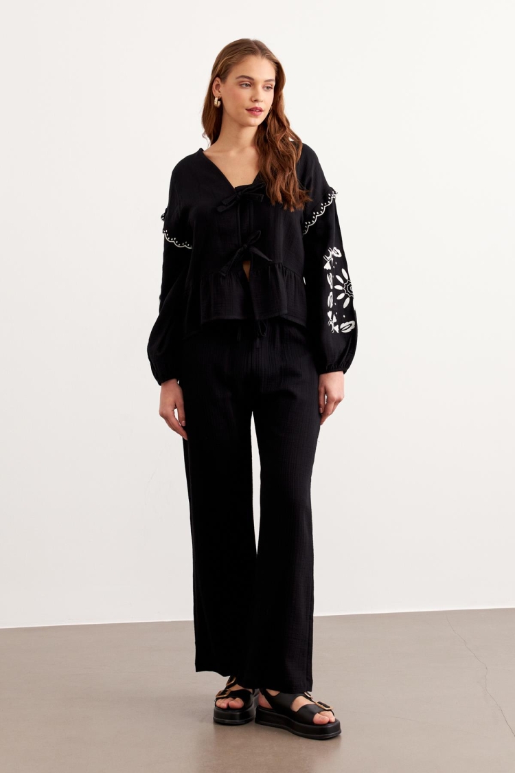 Embroidery Detailed Front Tie Muesli Blouse Black - Brand: Levure - Women & Kids, Baby Clothes Wholesale - TheBS Women