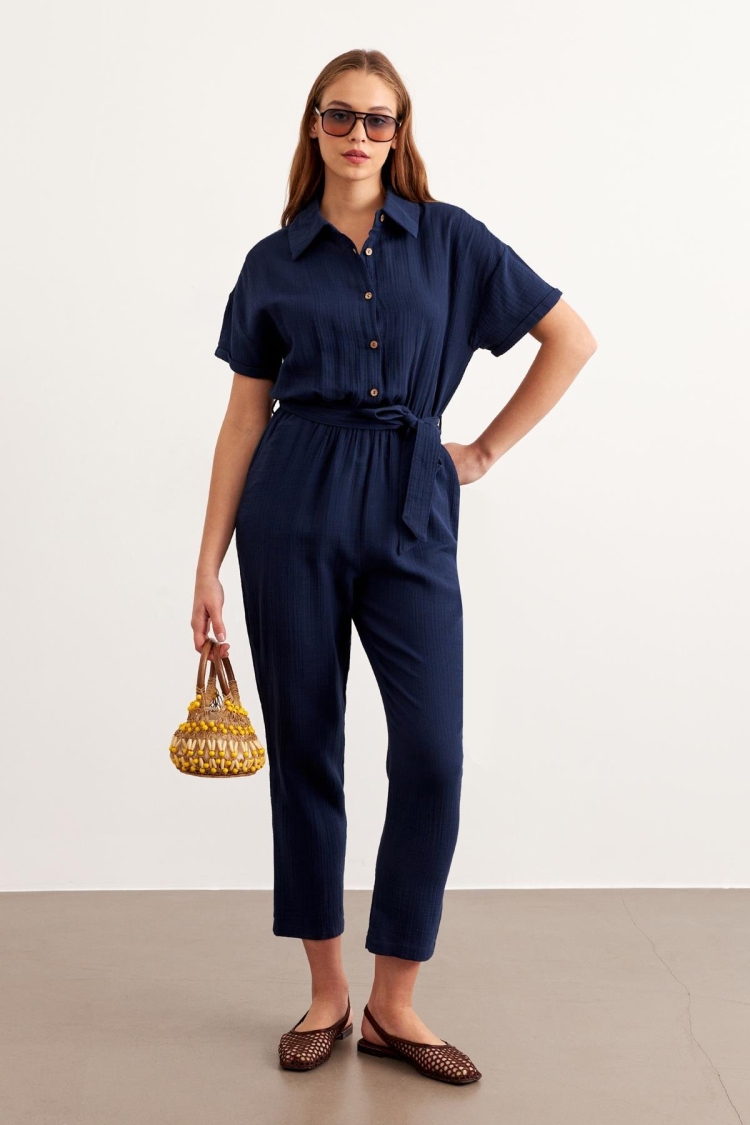 Waist Belt Button Detailed Long Jumpsuit Navy - Brand: Levure - Women & Kids, Baby Clothes Wholesale - TheBS Women