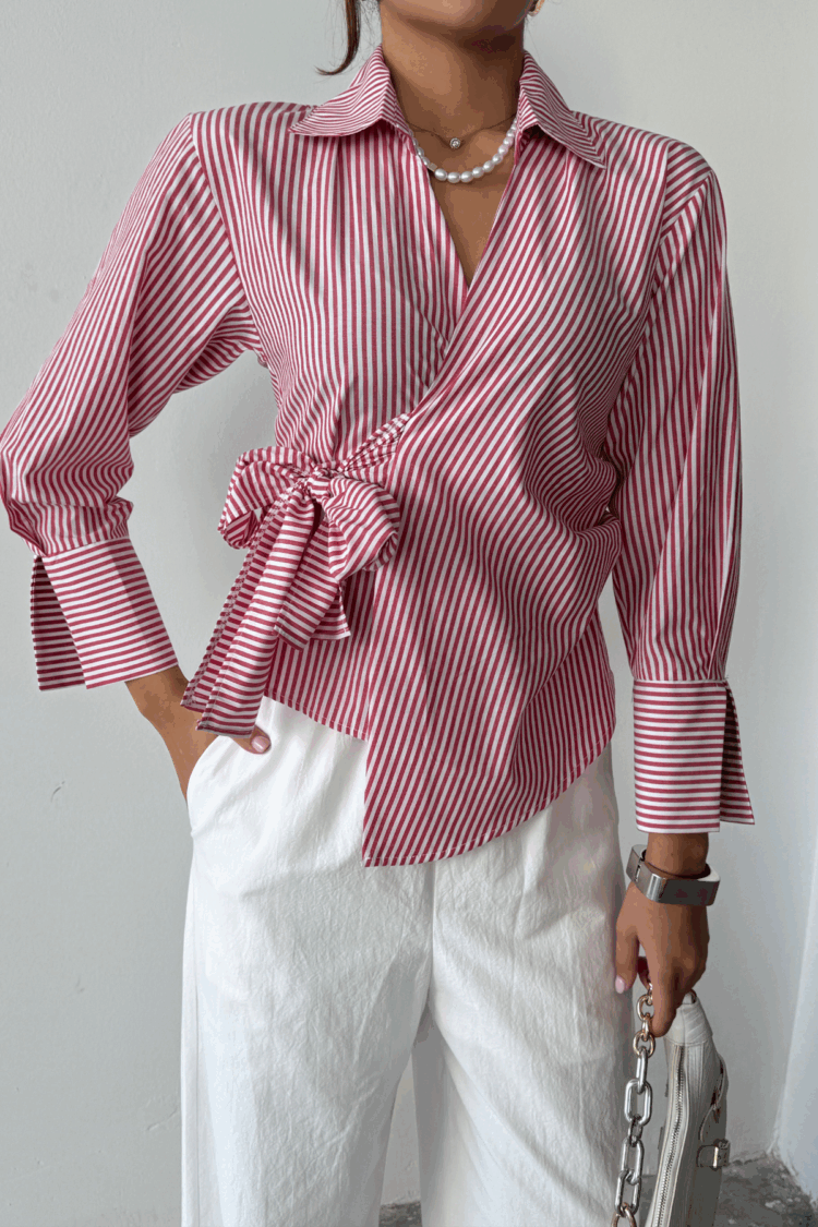 Striped Poplin Double Breasted Tie Shirt - Producer: Ello - Wholesale Women Clothes - TheBS Women