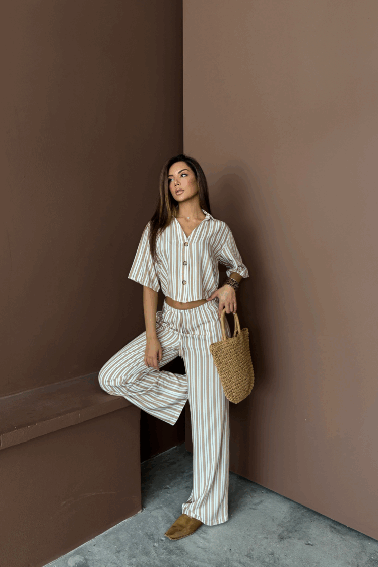 Striped Crop Shirt - Swallow Pants Set Modal - Producer: Ello - Wholesale Women Clothes - TheBS Women