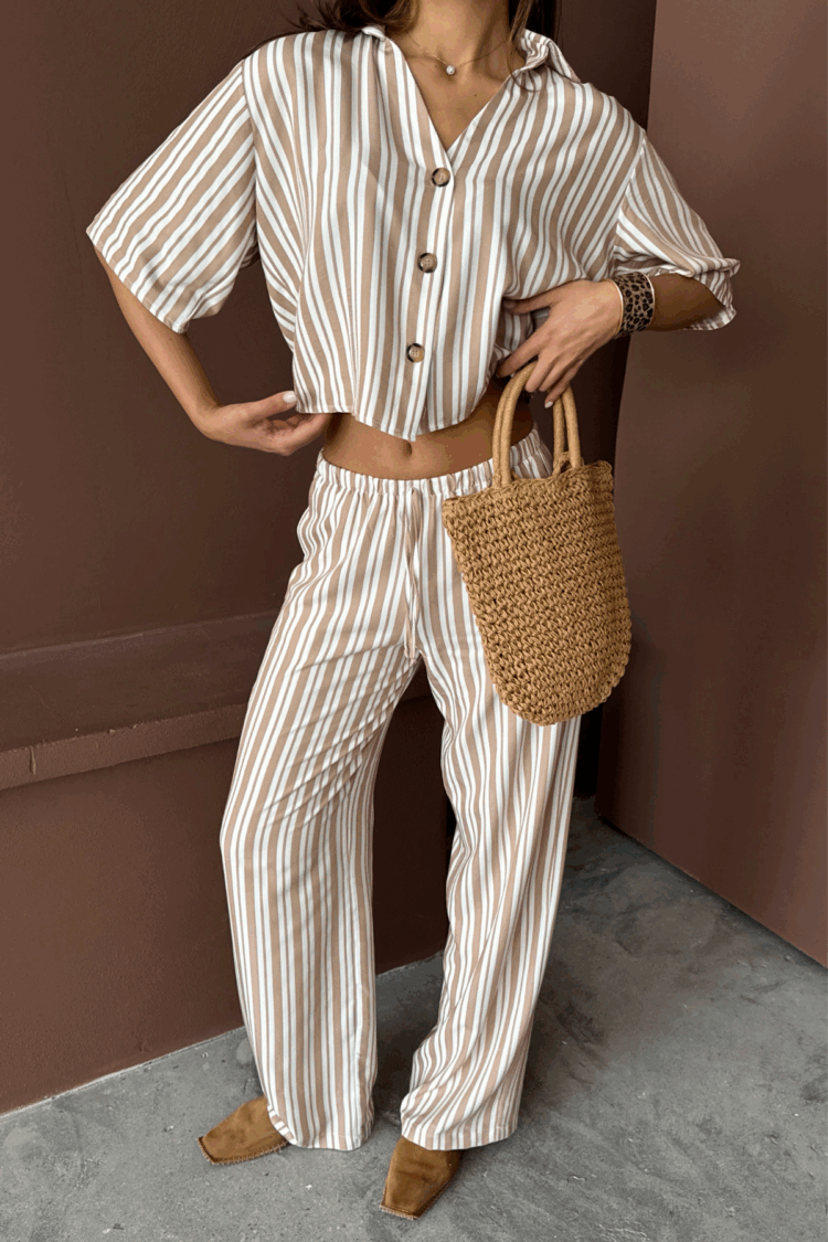 Striped Crop Shirt - Swallow Pants Set Modal - Producer: Ello - Wholesale Women Clothes - TheBS Women