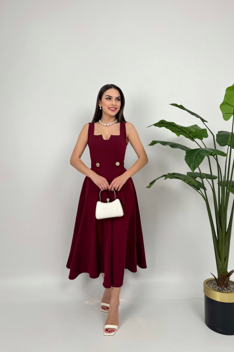 Belt Button Dress - Burgundy - Brand: Miss Janell - Women & Kids, Baby Clothes Wholesale - TheBS Women