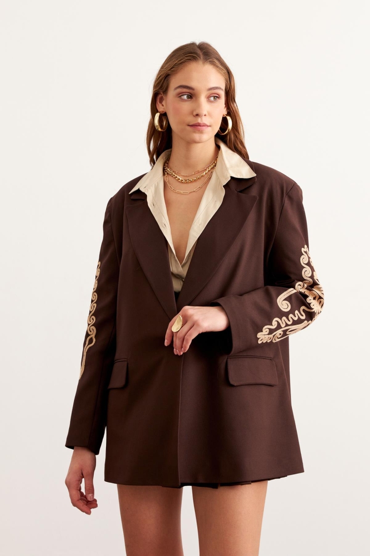 Sleeve Embroidery Detailed Wadding Jacket Brown - Brand: Levure - Women & Kids, Baby Clothes Wholesale - TheBS Women