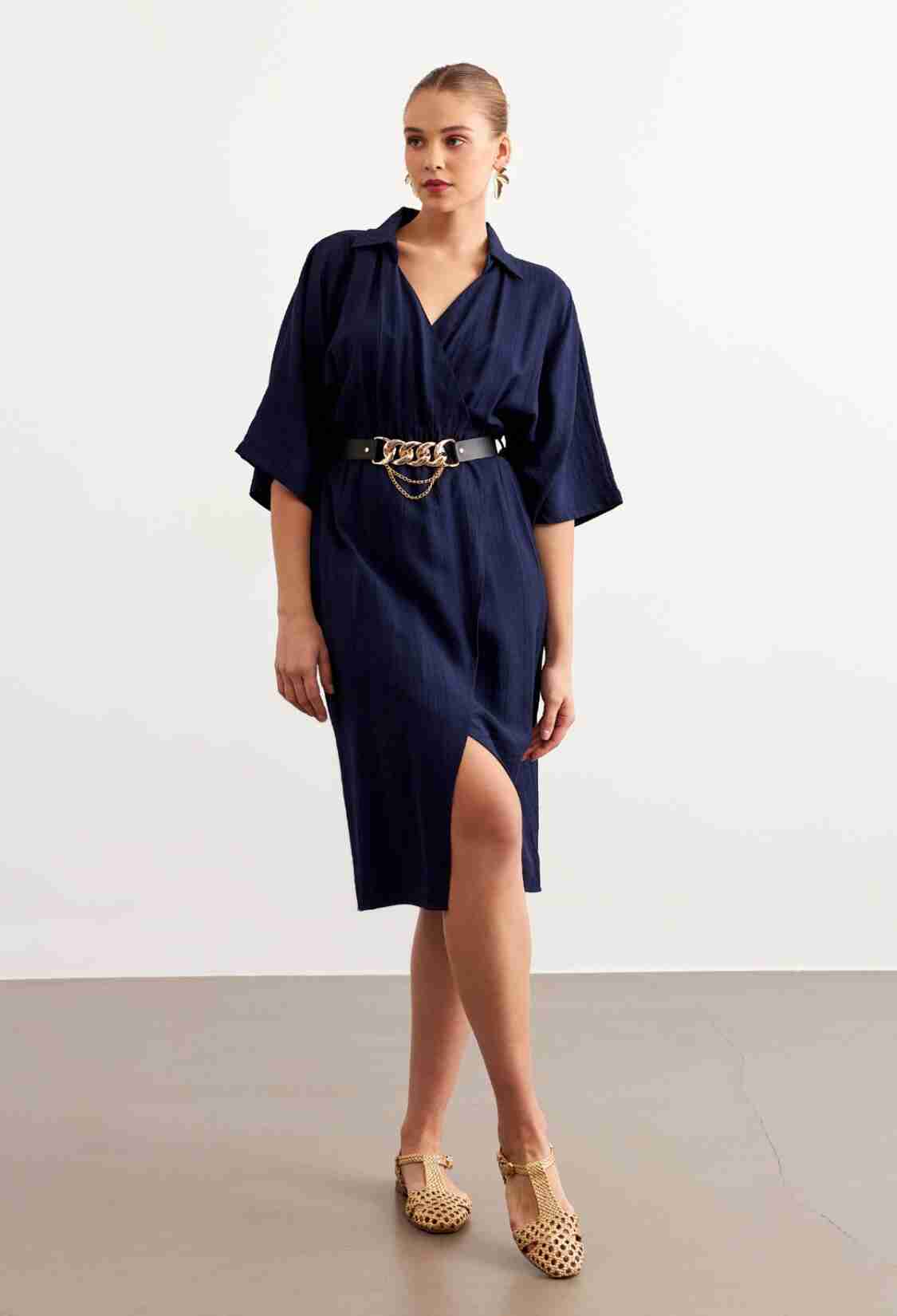 Elastic Waist Belt Dress Navy Blue - Brand: Levure - Women & Kids, Baby Clothes Wholesale - TheBS Women