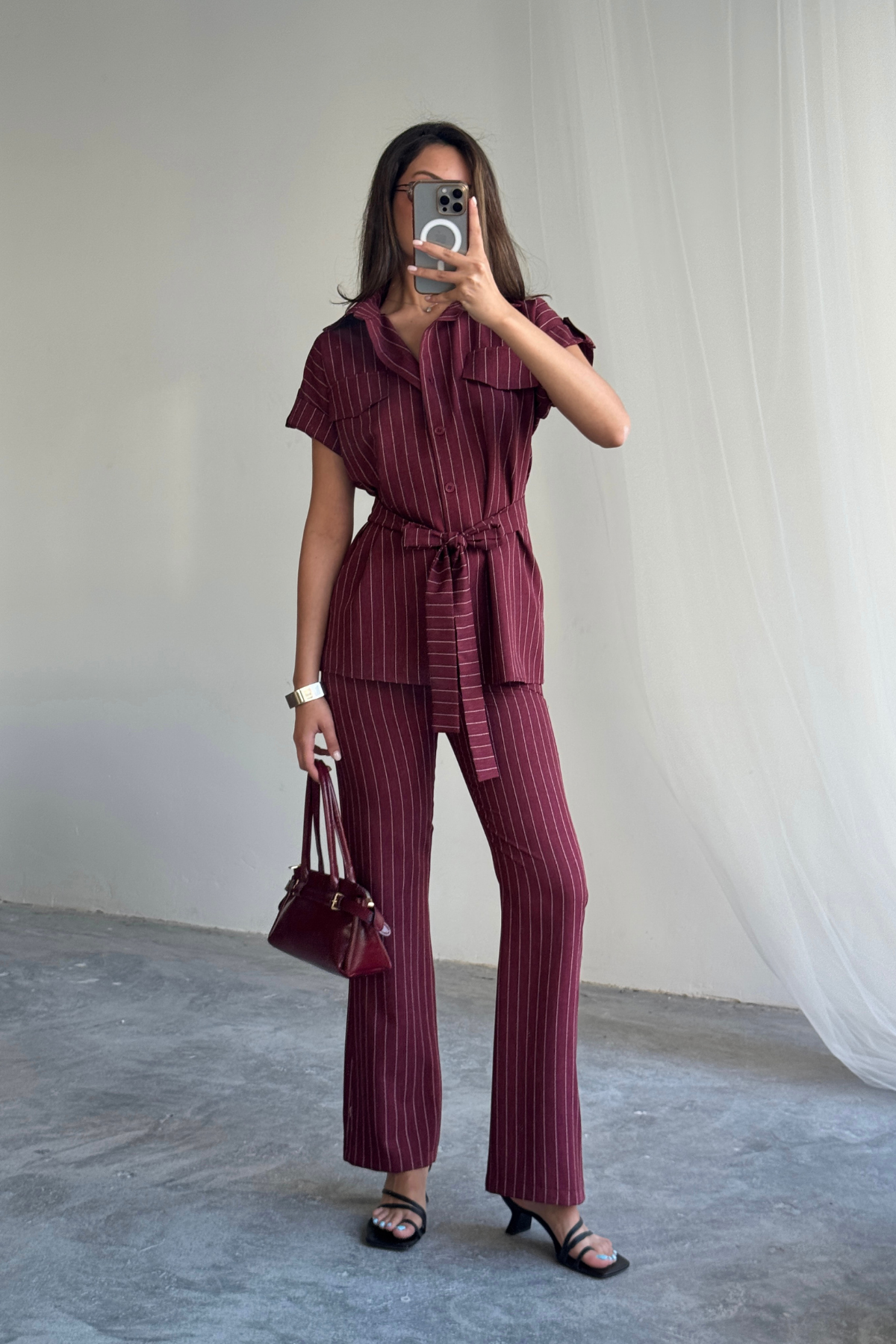Striped Polyviscose Blouse Pants Set - Burgundy - Producer: Ello - Wholesale Women Clothes - TheBS Women