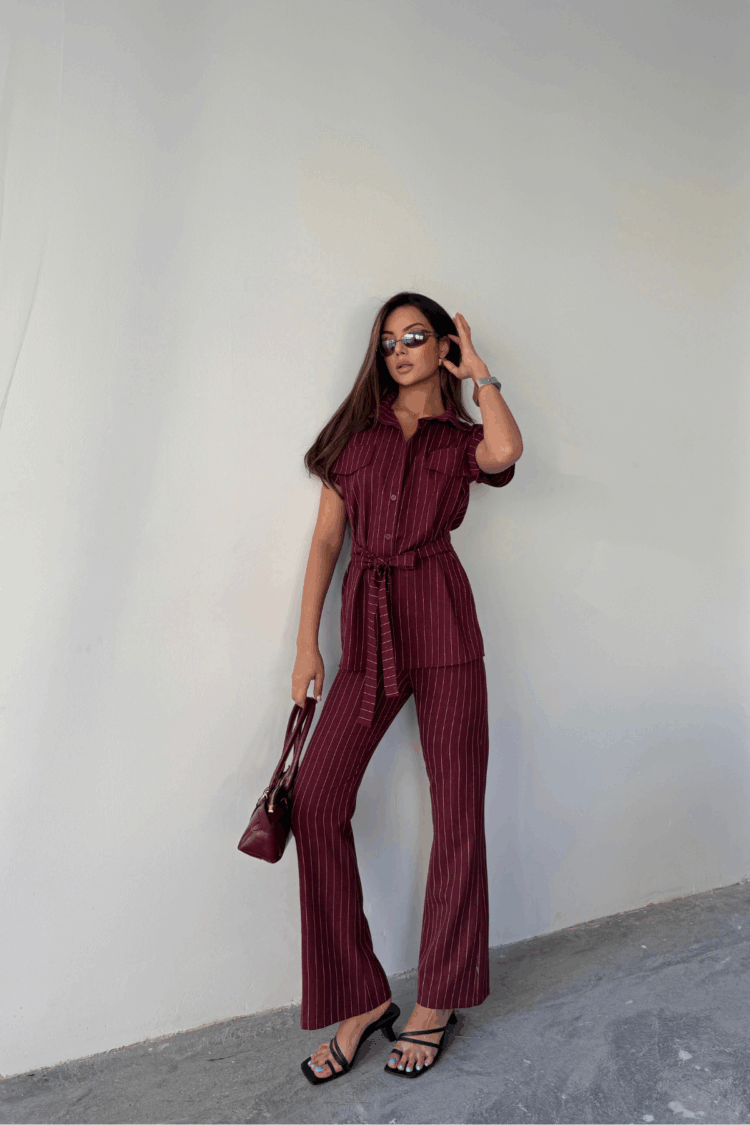 Striped Polyviscose Blouse Pants Set - Burgundy - Producer: Ello - Wholesale Women Clothes - TheBS Women