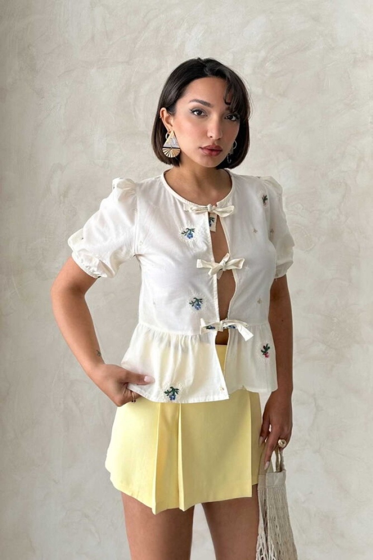 Front Tie Embroidered Blouse - Stone - Producer: Topshow - Wholesale Women Clothes - TheBS Women