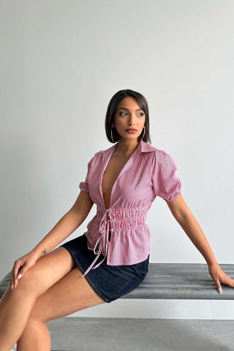 D2812 Front Tie Striped Shirt - Burgundy - Producer: Topshow - Wholesale Women Clothes - TheBS Women