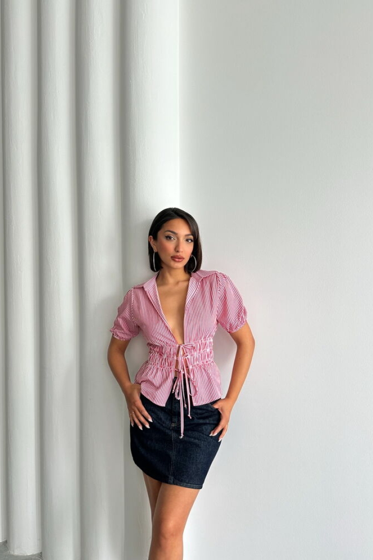 D2812 Front Tie Striped Shirt - Burgundy - Producer: Topshow - Wholesale Women Clothes - TheBS Women