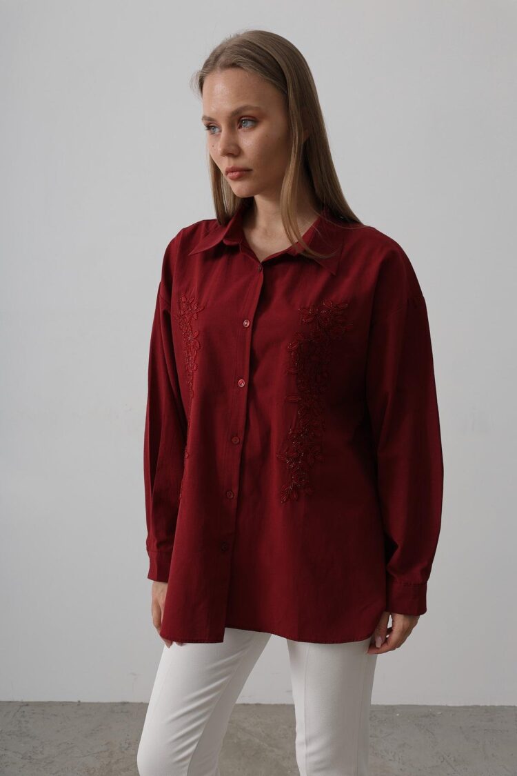 Bead Embroidery Detailed Long Shirt - Burgundy - Producer: Reyon - Wholesale Women Clothes - TheBS Women