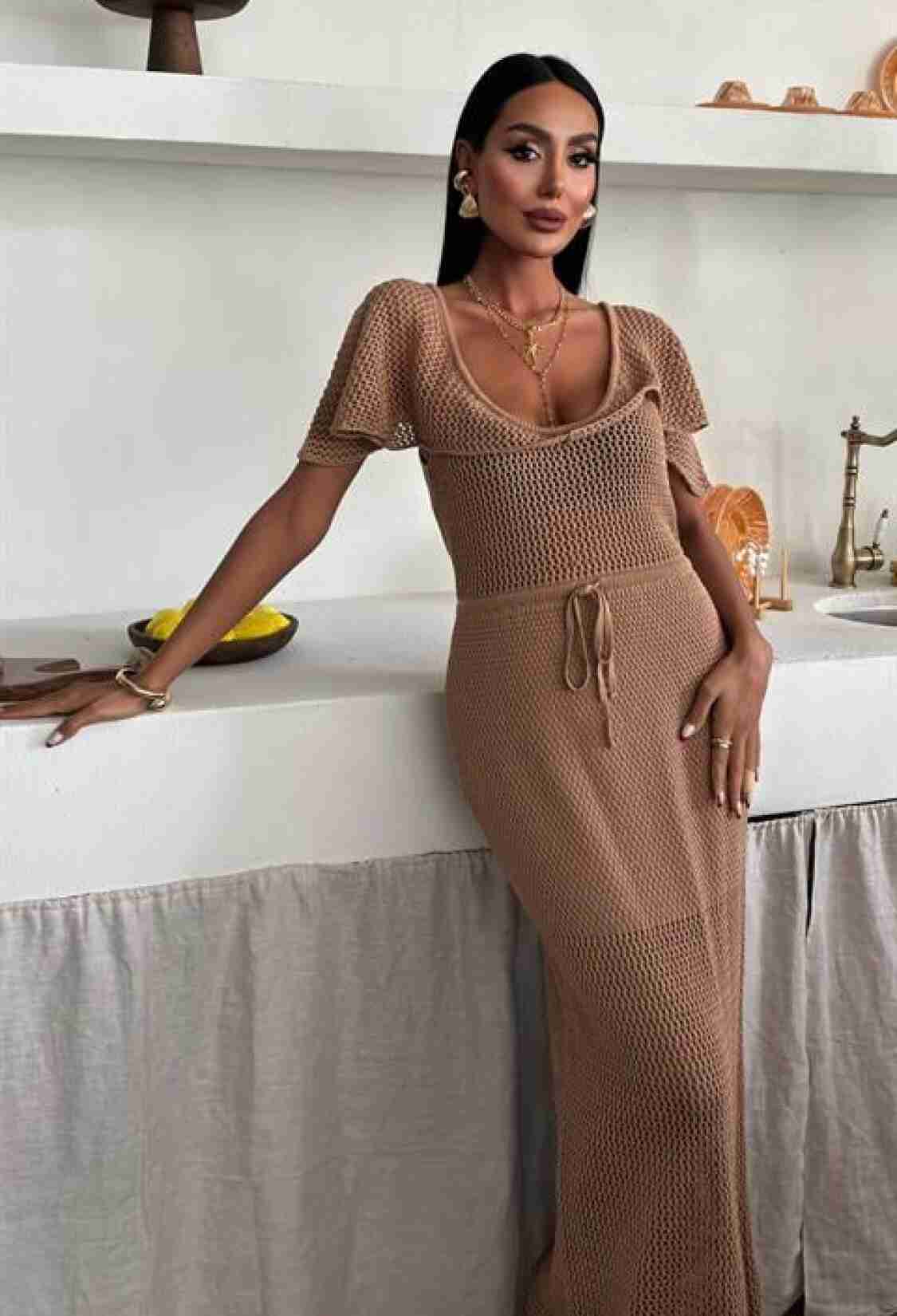 Knitwear Dress With Deep Neckline And Mesh Detail - Brand: Sobe Istanbul - Women & Kids, Baby Clothes Wholesale - TheBS Women
