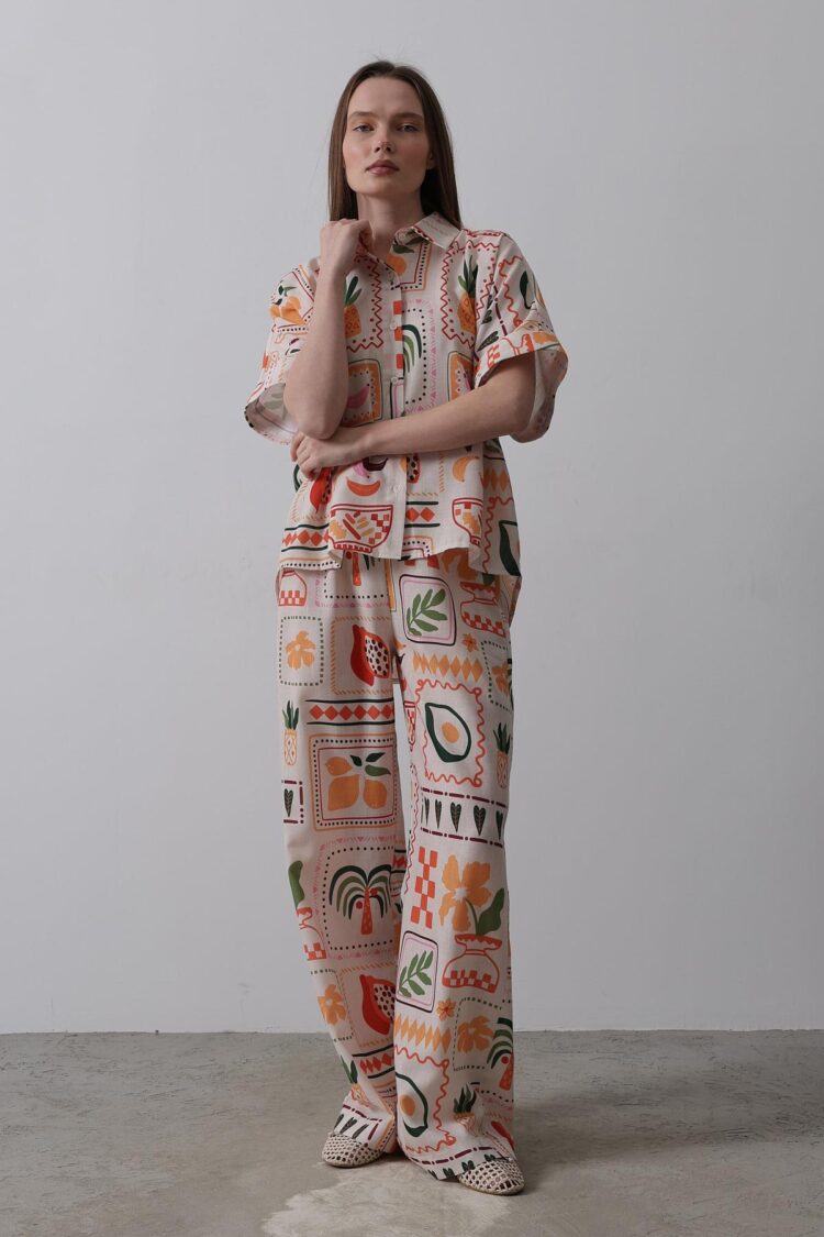 Printed Short Sleeve Pants Set - Stone-Orange - Producer: Reyon - Wholesale Women Clothes - TheBS Women