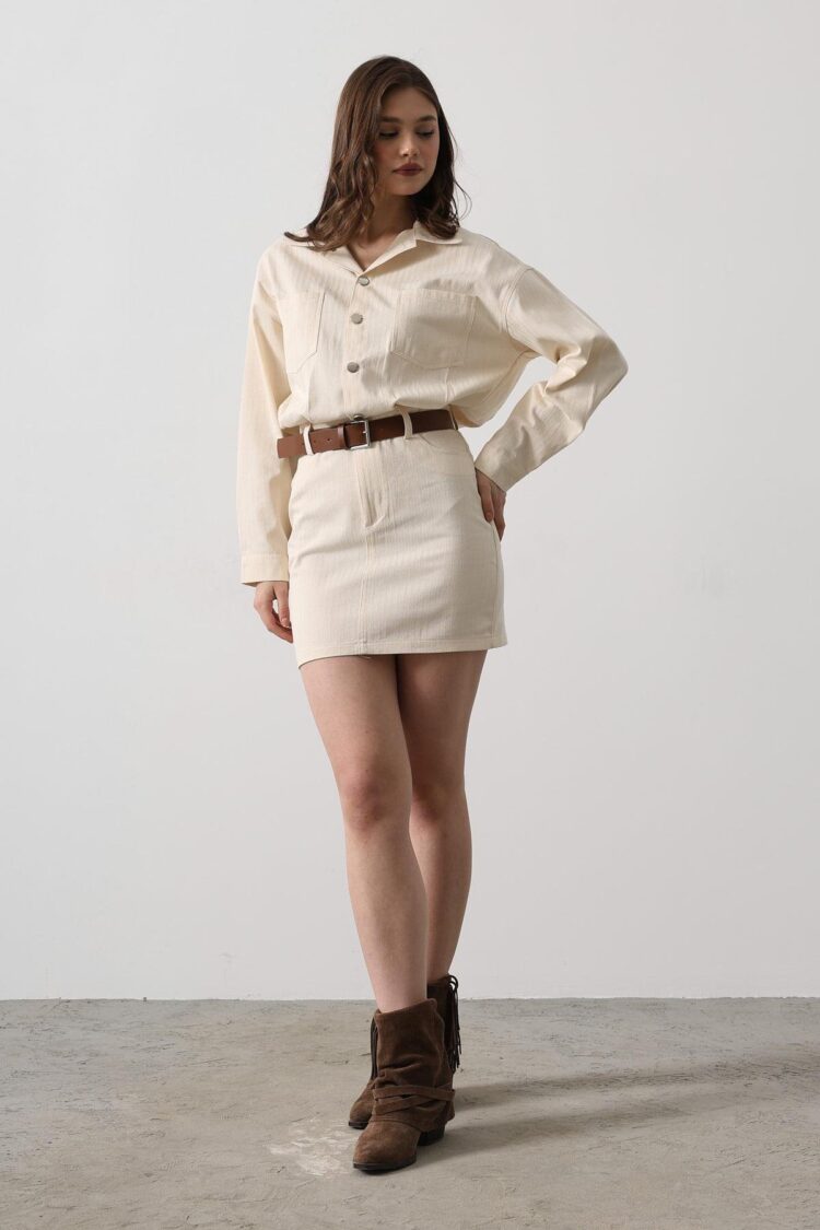 Belt Detailed Herringbone Shirt Dress - Natural - Producer: Reyon - Wholesale Women Clothes - TheBS Women