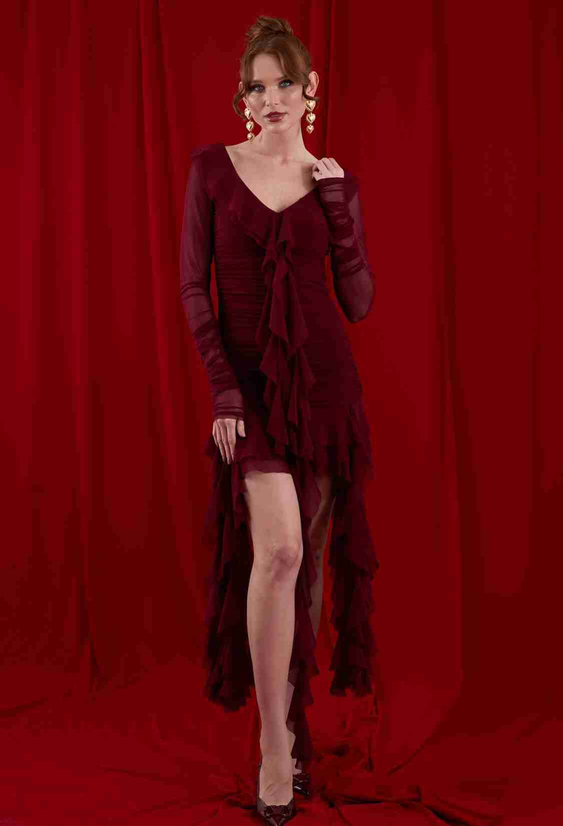 Ruffle Ruffle Mini Tulle Dress Burgundy - Brand: Juste - Women & Kids, Baby Clothes Wholesale - TheBS Women