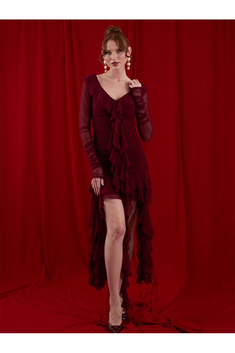 Ruffle Ruffle Mini Tulle Dress Burgundy - Brand: Juste - Women & Kids, Baby Clothes Wholesale - TheBS Women