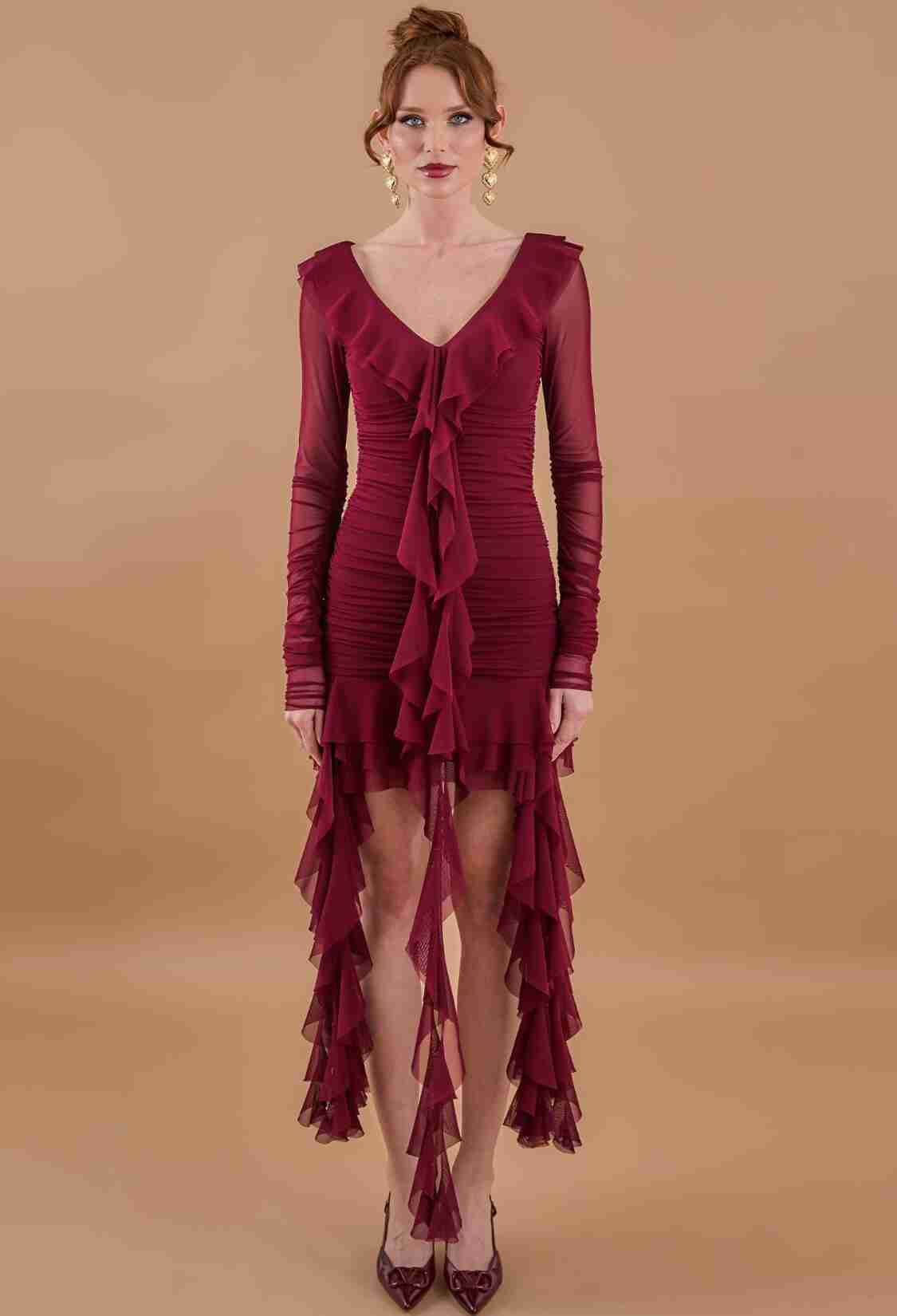 Ruffle Ruffle Mini Tulle Dress Burgundy - Brand: Juste - Women & Kids, Baby Clothes Wholesale - TheBS Women