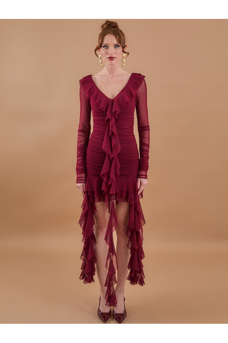Ruffle Ruffle Mini Tulle Dress Burgundy - Brand: Juste - Women & Kids, Baby Clothes Wholesale - TheBS Women