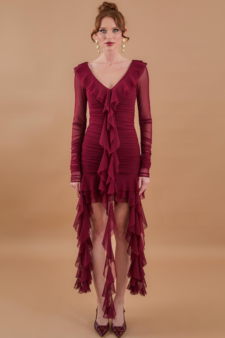 Ruffle Ruffle Mini Tulle Dress Burgundy - Producer: Juste - Wholesale Women Clothes - TheBS Women