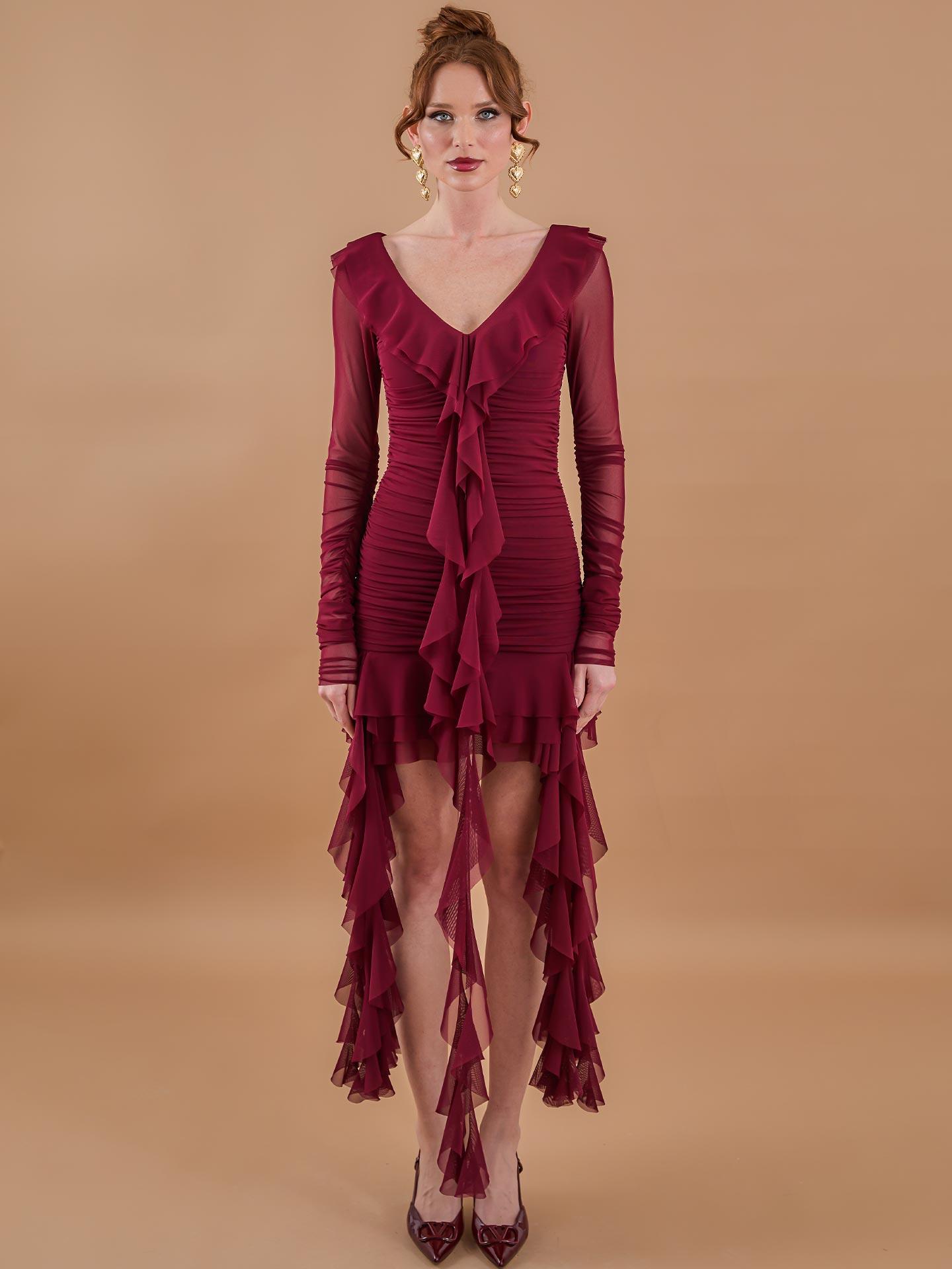 Ruffle Ruffle Mini Tulle Dress Burgundy - Brand: Juste - Women & Kids, Baby Clothes Wholesale - TheBS Women
