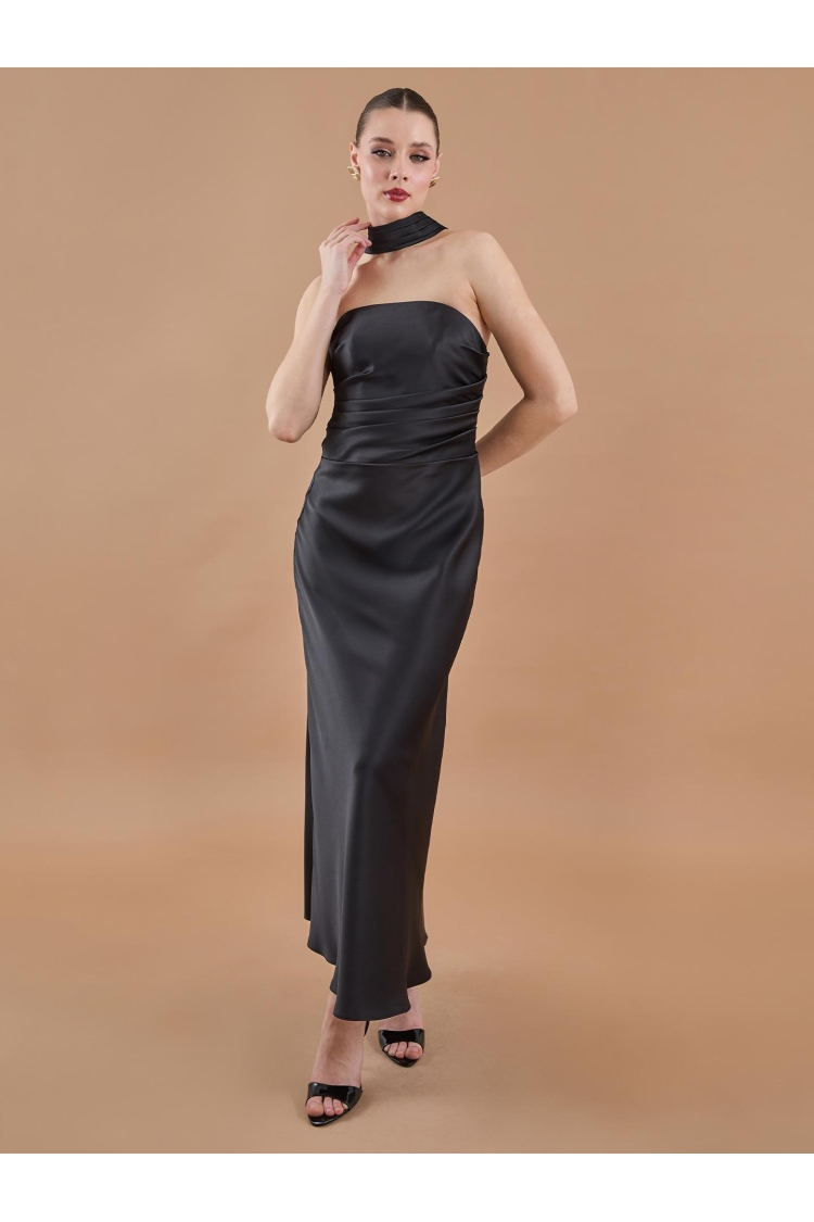 Draped Satin Strapless Neckline Long Dress Black - Brand: Juste - Women & Kids, Baby Clothes Wholesale - TheBS Women
