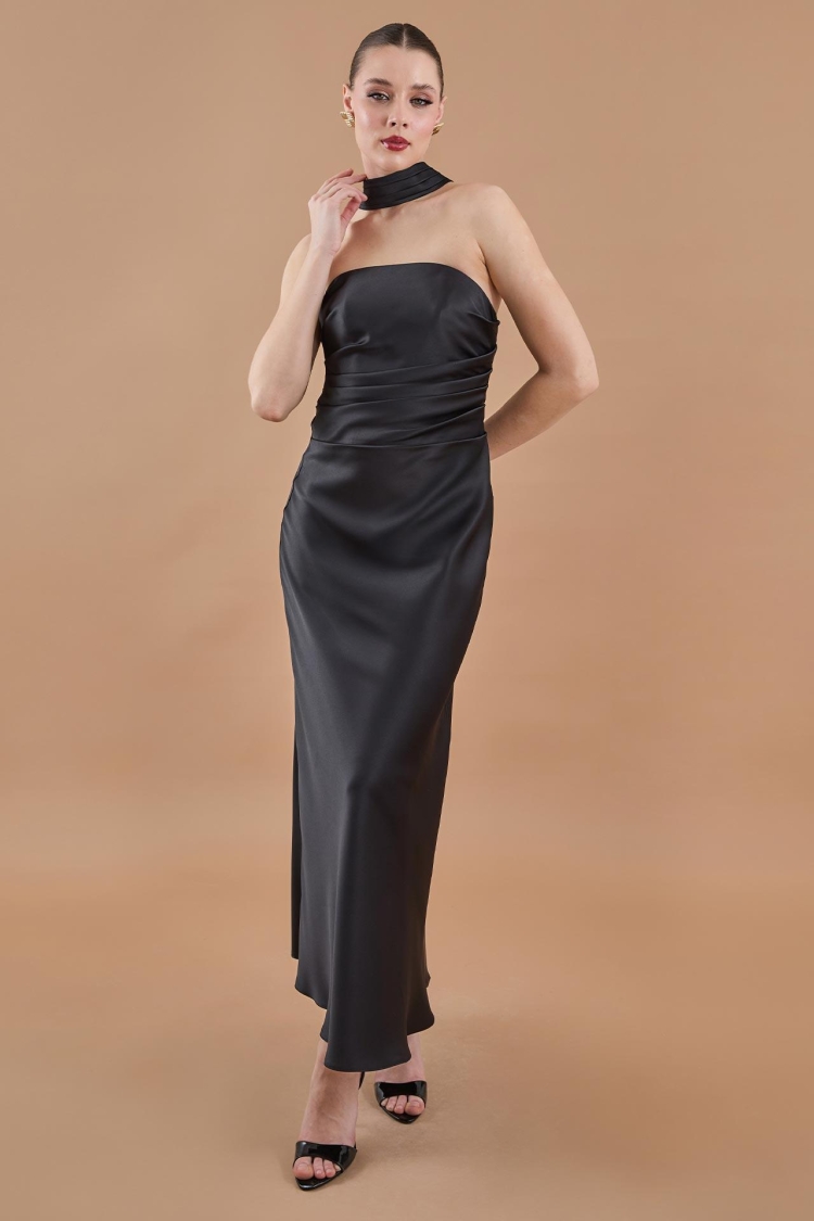 Draped Satin Strapless Neckline Long Dress Black - Producer: Juste - Wholesale Women Clothes - TheBS Women
