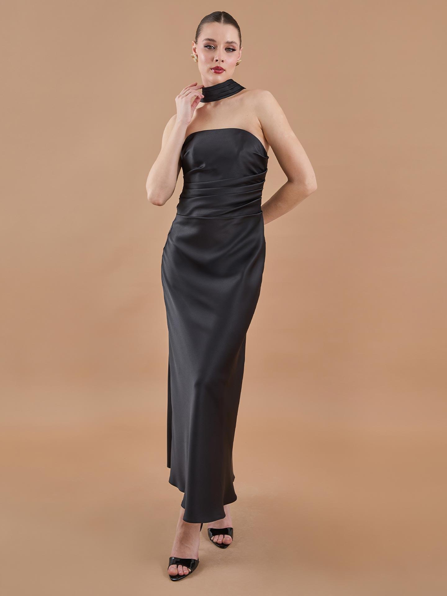 Draped Satin Strapless Neckline Long Dress Black - Brand: Juste - Women & Kids, Baby Clothes Wholesale - TheBS Women