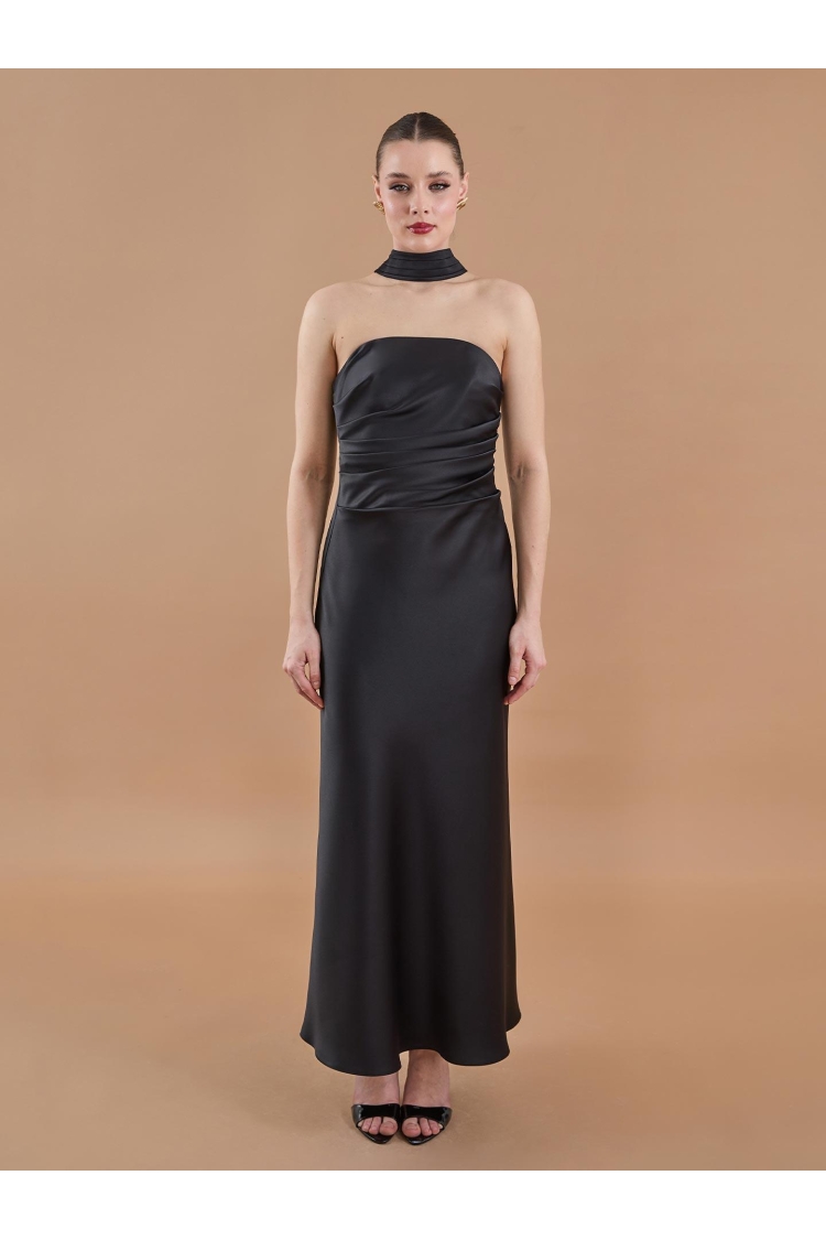 Draped Satin Strapless Neckline Long Dress Black - Brand: Juste - Women & Kids, Baby Clothes Wholesale - TheBS Women