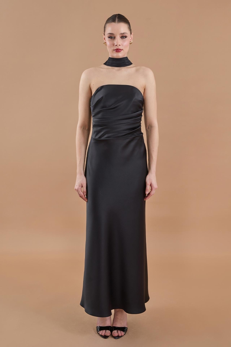 Draped Satin Strapless Neckline Long Dress Black - Producer: Juste - Wholesale Women Clothes - TheBS Women