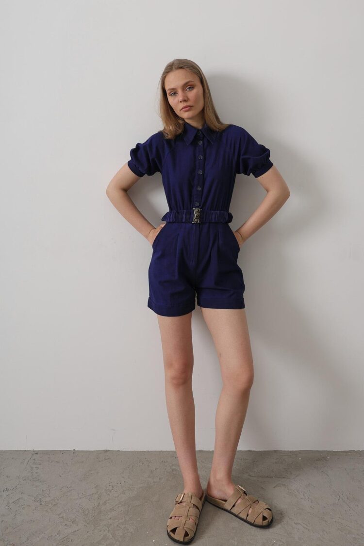 Shirt Collar Gabardine Jumpsuit - Indigo - Producer: Reyon - Wholesale Women Clothes - TheBS Women