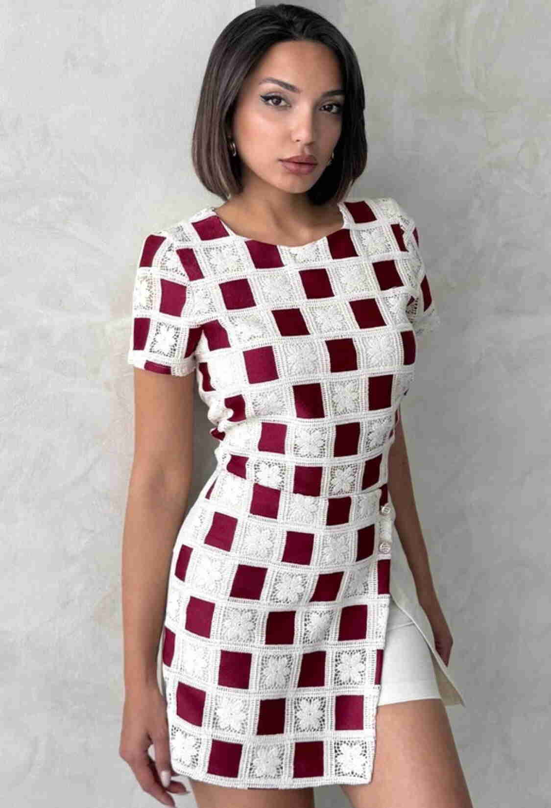 Short Sleeve Checkered Blouse - Raw Burgundy - Brand: Topshow - Women & Kids, Baby Clothes Wholesale - TheBS Women
