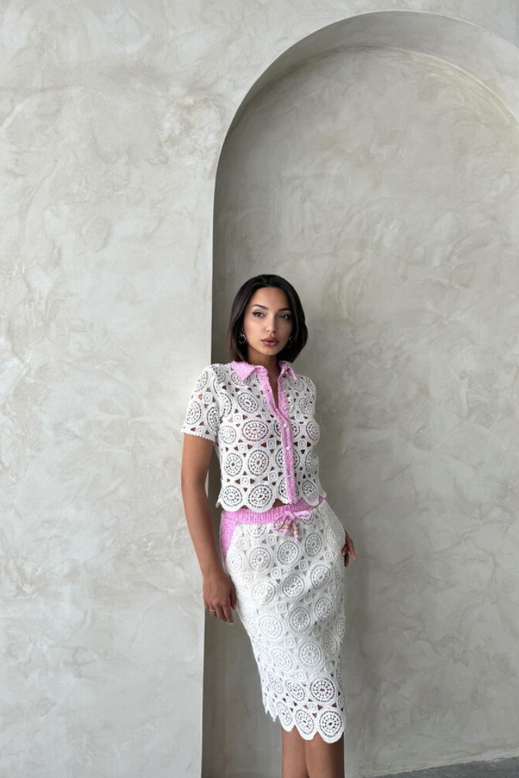 D 2796 Denim Detailed Lace Long Skirt - Raw Pink - Producer: Topshow - Wholesale Women Clothes - TheBS Women