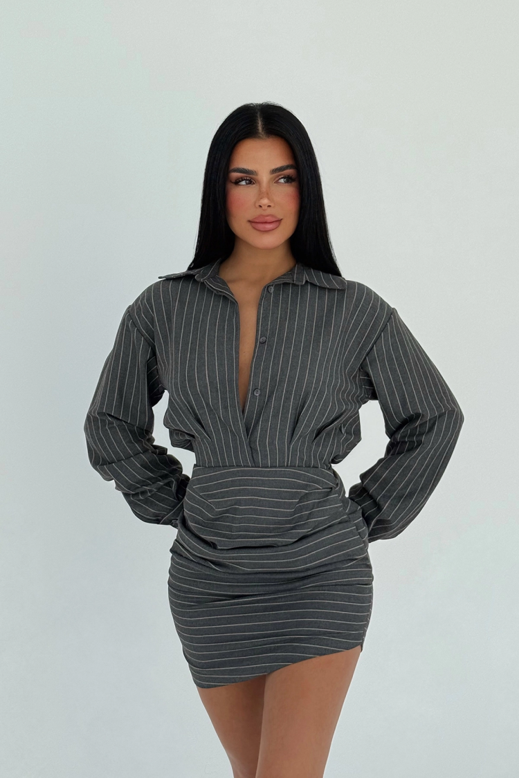 Gray Striped Shirt Collar Mini Dress - Producer: EYYO ATELIER - Wholesale Women Clothes - TheBS Women