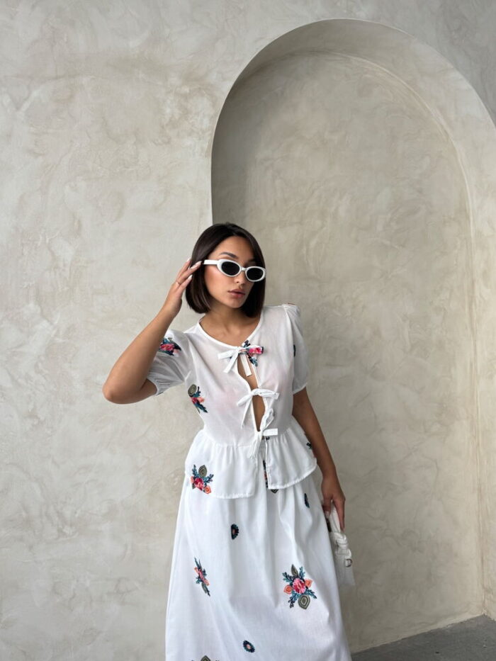 Embroidered Voile Front Tie Blouse - Cream - Producer: Topshow - Wholesale Women Clothes - TheBS Women