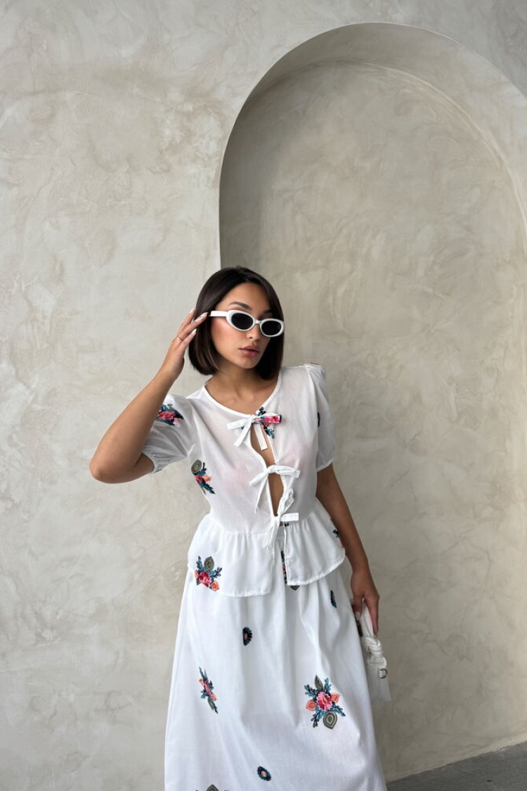 Embroidered Voile Front Tie Blouse - Cream - Producer: Topshow - Wholesale Women Clothes - TheBS Women