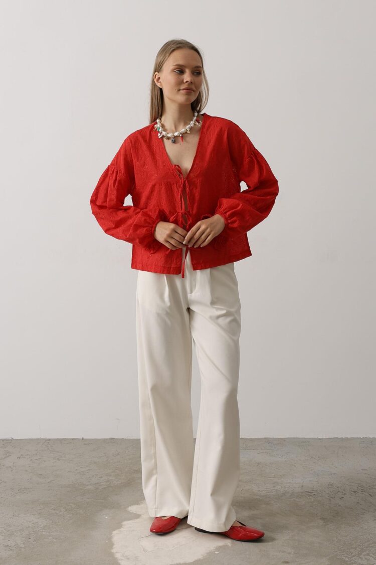 Heart Detailed Tie Embroidered Blouse - Producer: Reyon - Wholesale Women Clothes - TheBS Women
