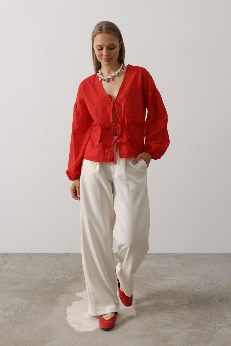 Heart Detailed Tie Embroidered Blouse - Producer: Reyon - Wholesale Women Clothes - TheBS Women