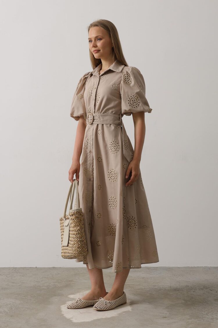 Embroidered Dress With Balloon Sleeve Belt - Producer: Reyon - Wholesale Women Clothes - TheBS Women
