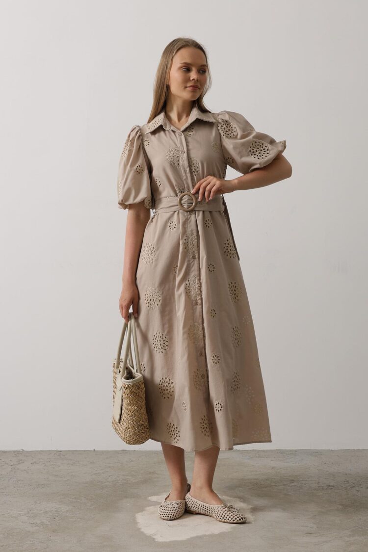 Embroidered Dress With Balloon Sleeve Belt - Producer: Reyon - Wholesale Women Clothes - TheBS Women
