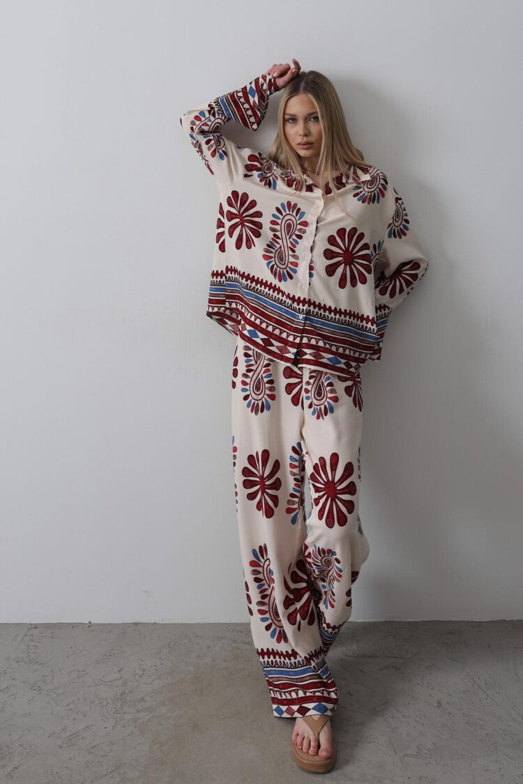Patterned Sleeves Ruffle Trousers Suit - Producer: Reyon - Wholesale Women Clothes - TheBS Women