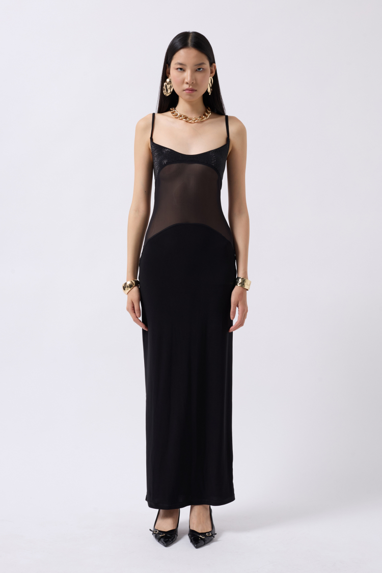 Sequined Maxi Dress With Tulle Garnish - Black - Producer: Black Fashion - Wholesale Women Clothes - TheBS Women