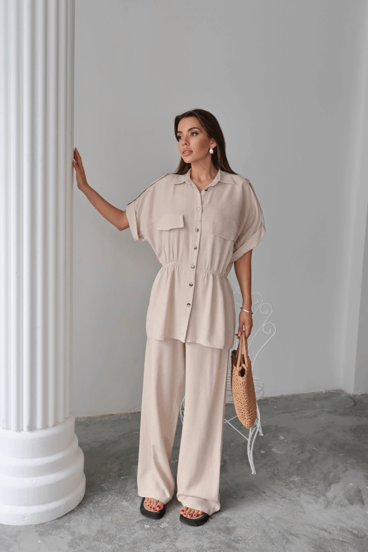 Linen Waist Ruffle Detailed Shirt - Pants Set - Producer: Ello - Wholesale Women Clothes - TheBS Women